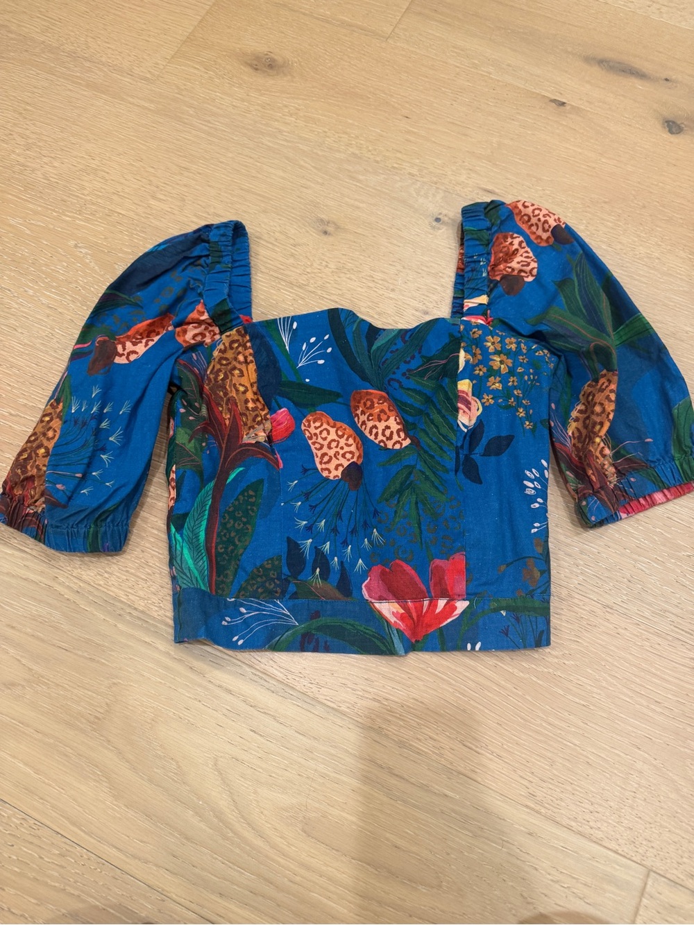 Farm Rio Jungle Blue Floral Puff Sleeve Top Small Side Zip